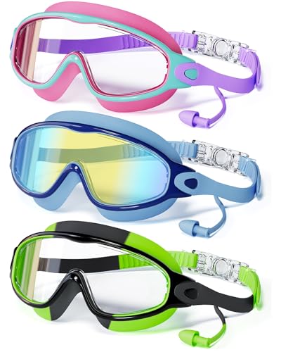 CMBJJU 3 Pack Swimming Goggles Kid Goggles with Earplugs Large Frame Anti-Fog/UV Wide View Swim Goggles Boys Girls 6-14 (3PACK-Purple+Colorful Blue+Green-SG09)