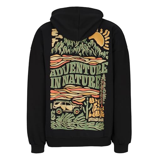 Spitzbub Oversized Hoodie Black Journey Kapuzenpullover mit großem Rückenprint & Kaktusprint auf der Brust Schwarz (DE/NL/SE/PL Alphanumerisch M Regular Regular)