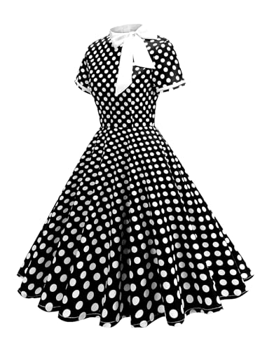 50s Style Dresses for Women Vintage Polka Dot Short Sleeve Tie Neck Swing Dress Midi Prom Retro 1950s Dress2