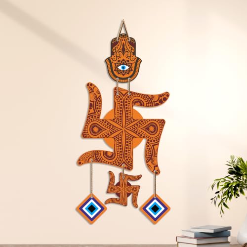 Image of Artvibes Traditional Swastik Wall Hanging with Hamsa Hand & Evil Eye Charms | Wooden Vastu Decor for Home Entrance | Temple | Spiritual Hanging for Prosperity | Protection and Good Luck (WH 85104N)