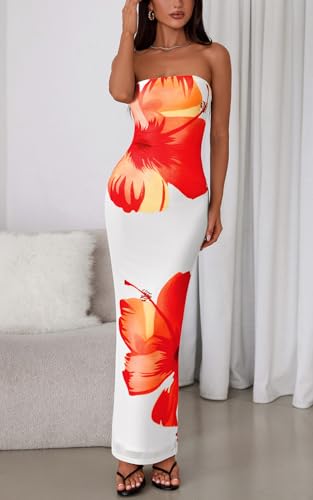 PRETTYGARDEN Strapless Bodycon Floral Maxi Summer Dresses for Women 2025 Elegant Classy Tube Top Cocktail Wedding Guest Dress3