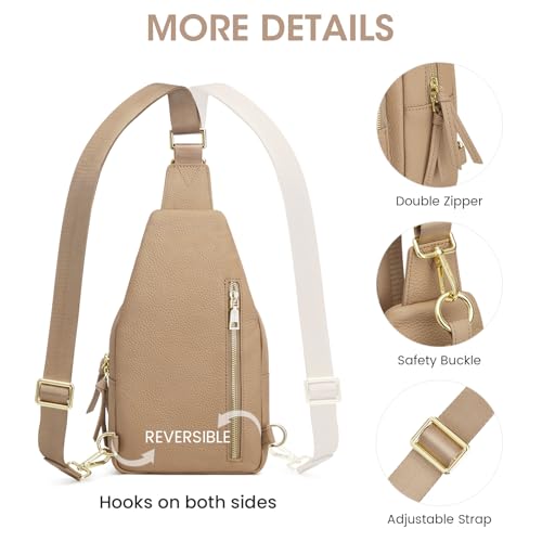 Image of Kattee Small Leather Sling Bag for Women with RFID Blocking,Tan | Top grain pebbled leather with RFID blocking, multiple pockets, and a convertible strap for travel.