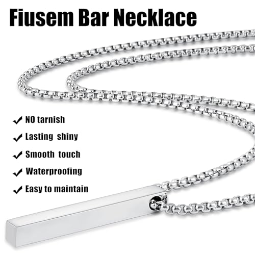 Fiusem Pendant Necklace for Men, Silver Tone/Gold Plated/Black Mens Penddant Necklaces with 2.5 mm Box Chain, Stainless Steel Bar Chain, 18-28 Inches3