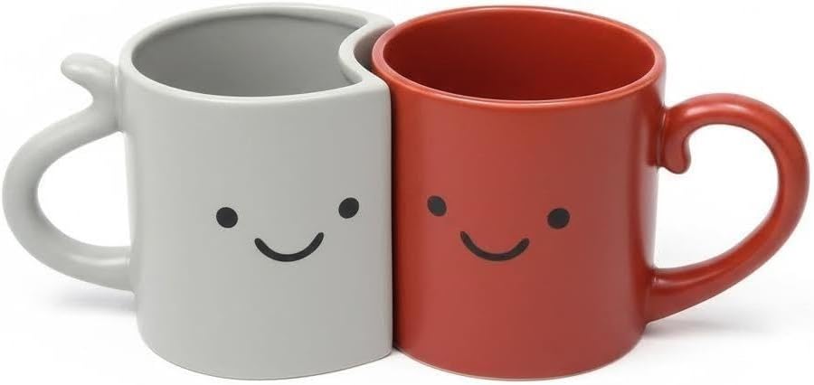 Cute Couple Coffee & Tea Mugs, Red & Grey Smiley Mug Set of 2, 14oz Smiling Face Ceramic Cup, Funny Décor Cups Lovely Decor, Gift & Present for Bestie & Friend & Family & Lover