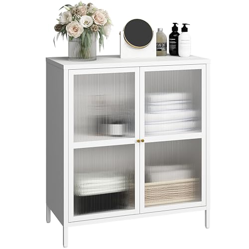 MIOCASA Metal Storage Cabinet with Glass Doors - Multi-Purpose Buffet Sideboard Cabinet, Adjustable Shelf & Leveling Feet, Modern Design for Living Room Bathroom Entryway (White)