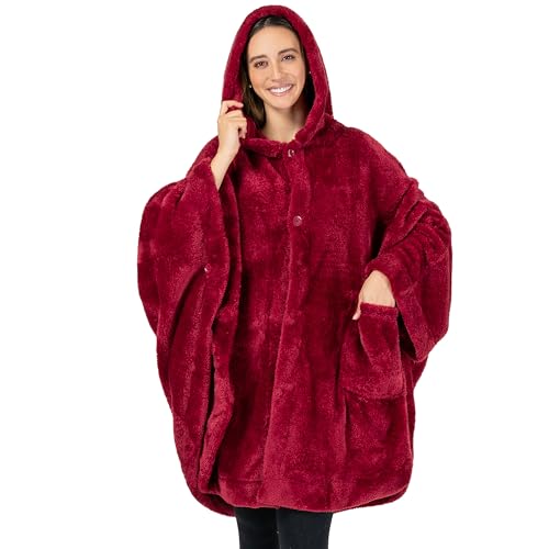 Pavilia Angel Wrap Hooded Blanket Poncho, Wearable Blanket Throw Wrap Poncho For Women Adult, Cozy Fluffy Sherpa Fleece Shawl Cape With Hood Pockets, Warm Gift For Mom Wife, Wine Red cover