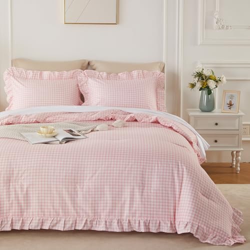 Image of Gingham Ruffle Comforter Set Queen - 3 Piece Pink Checkered Bedding Set - Aesthetic Cottagecore Ruffled Farmhouse Comforter with 2 Pillow Shams - Soft, Lightweight All Season Bedding (90 inchx90 inch)