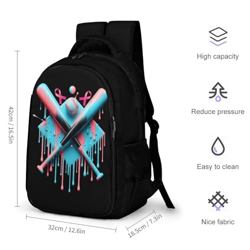 Baseball Home Plate Drip 2 Ribbon Breast Cancer Awareness Backpack Large Capacity Backpacks Leisure Travel Daypack 12.6X7.3X16.5 Inch2
