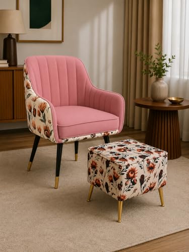 Image of Barfi Velvet Dining Chair Set of 2 with Soft Velvet, Padded seat, armrests and Strong Metal Legs. A Modern, Comfy Chair for Home, Office and Restaurants. (Pink Floral Set)