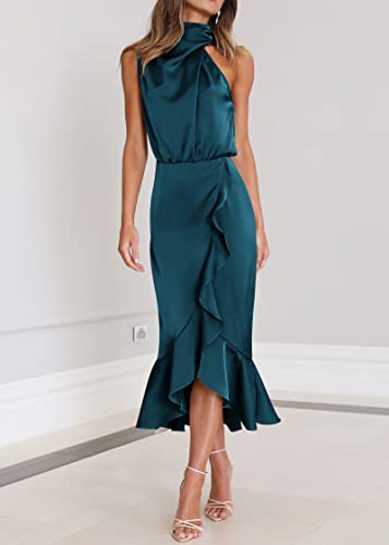 Image of KIRUNDO Women's Summer Satin Mock Neck Wedding Guest Dress | Party Cocktail Midi Dress, 2026 Spring Fashion, Silky, Elegant Classy Halter High Neck, Sleeveless Wrap Ruffle Formal Dress