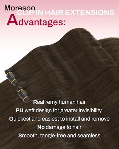 Image of Moresoo Clip in Human Hair Extensions, Medium Brown, Seamless PU Skin Weft | Human hair clip in extensions, 18inch 120g 7pcs, suitable for office and outings, balanced soft volume for everyday elegance