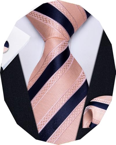 Image of YourTies Striped Ties for Men Classic Woven Silk Necktie with Handkerchief Cufflinks Set Formal Business Party Wedding