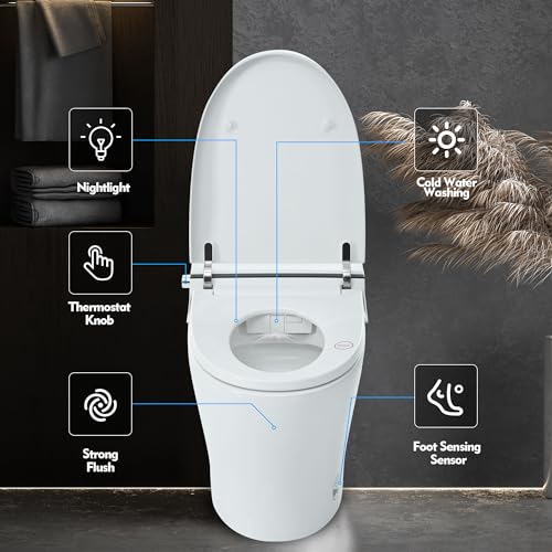 CuisinSmart Smart Toilet with Bidet Built In, Tankless Toilet, Dual Flush, Heated Seat, Self-Cleaning Nozzle, Soft Close, White, Glossy Finish
