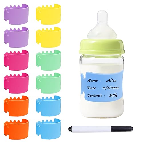 Image of Newmemo Baby Bottle Labels for Daycare 12 PCS Reusable Waterproof Silicone Daycare Water Bottle Labels Original Write and Reuse Baby Bottle Labels Tags Essentials