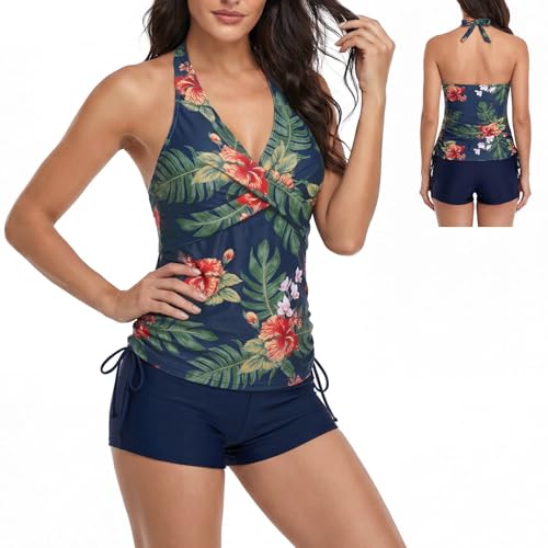 WOTOW Women's 2-Piece Ruched Tankini Swimsuit, Halter Tankini Top and Boyshorts, Tummy Control Swimwear with Removable Bras for Women Blue
