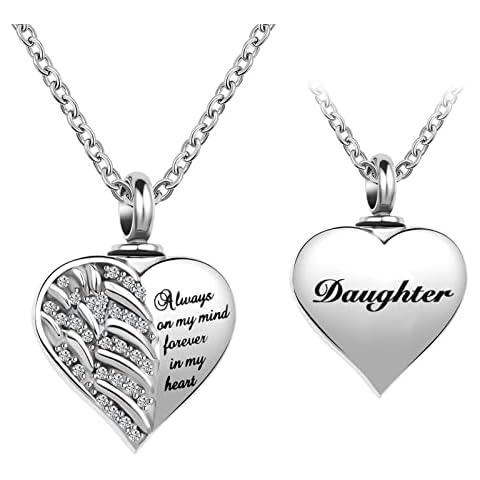 LuxglitterLin Guardian Angel Wings Cremation Jewelry for Daughter Ashes Heart Crystal Urn Necklaces for Ashes Memorial Keepsake Necklace Always on Mind Forever in My Heart Cover