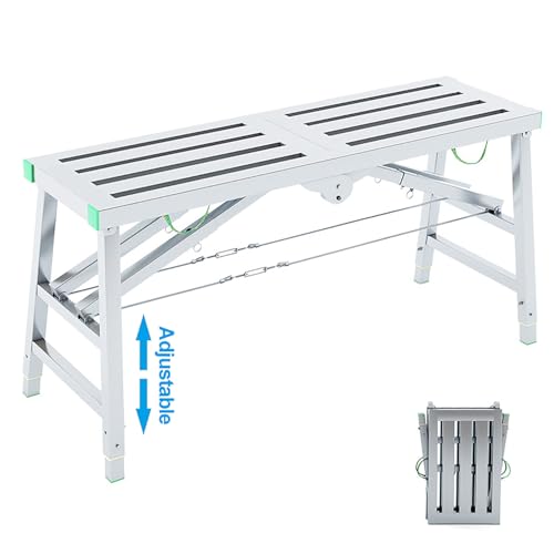 Helanzer Folding Work Platform Bench, 200x40cm Portable Scaffolding, Steel Step Ladder, Adjustable Height Galvanized Scaffold for Cleaning, Painting, Decorating, 400kg Capacity (2M)