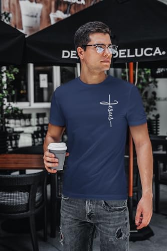 T-shirt Jésus cross cursive script bleu marine L - Portez votre foi