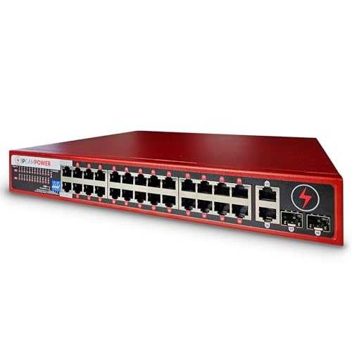 IPCamPower Unmanaged 24 Port POE Network Switch W/ 2 Gigabit Uplinks, POE+ 30 Watts per Port, 360 Watts Total Budget, UL Listed, TAA Compliant