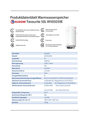 Ballon d'eau chaude Eldom 50 litres à contrôle électronique précis 2kW