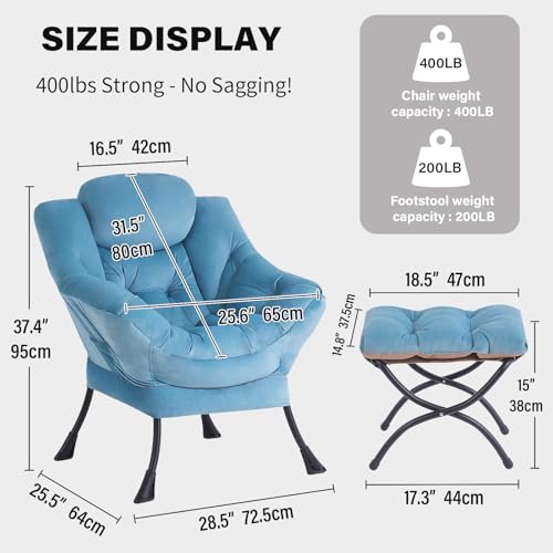 Image of Tiita Lazy Chair with Ottoman, Blue Chiars Modern Large Accent Armchair, Comfy Leisure Sofa Reading Chair with Footrest for Bedroom, Living Room, Dorm Rooms, Garden, Velvet Light Blue