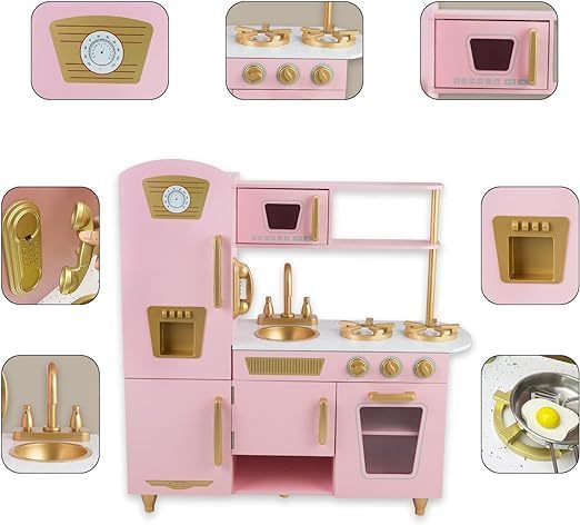 Miniatura 2 de WOODENFUN Juego de cocina para niños de 3 a 8 años, cocina de madera para niños pequeños, incluye teléfono, máquina de hielo, refrigerador,