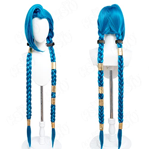 MINDONG Bewerben Sie Sich bei Jinx Cosplay -Perücke LOL Cosplay -Perücke 120 cm See Blue Double Braid Long Hair+kostenlose Perücke Cap Girls Cosplay Party LOL Perücke (Color : Lake Blue) Cover