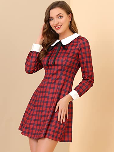 Allegra K Women's Christmas Peter Pan Collar Long Sleeve Mini Plaid Tartan Dress2