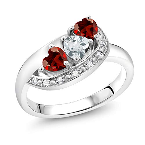 Gem Stone King 925 Sterling Silver Sky Blue Aquamarine and Red Garnet Women Ring (1.00 Ct Heart Shape, (Available in Size 5,6,7,8,9)