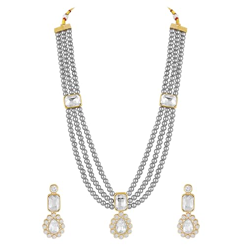 Image of Peora Crystal Faux Pearl Kundan Necklace & Jewellery Set Gift for Women