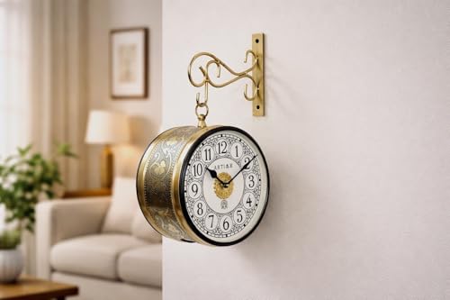 Image of Handcrafted Double Side Metal Analog Vintage Wall Clock | 1.5 Year Machine Warranty | 8 INCHES | 1 Side Number 1 Side Roman,Color L-Golden