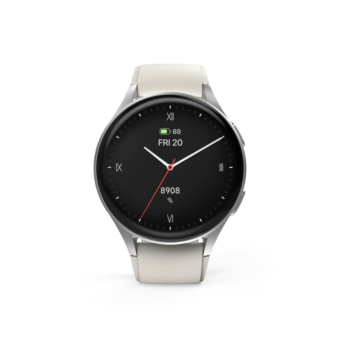 Hama Smartwatch GPS (zegarek inteligentny, smart, AMOLED 1.3, Bluetooth, wodoodporny, ładowanie magnetyczne, always-on, silikonowy pasek, srebrna koperta, 1,32", rozmowy) beżowy