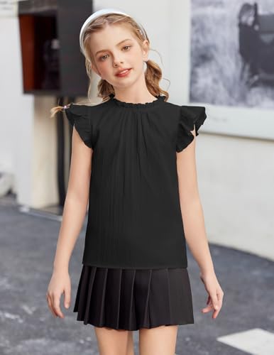 Image of Arshiner Girls Ruffle Short Sleeve Shirts Cute Summer Frill Neck Pleated Textured Blouse Tops