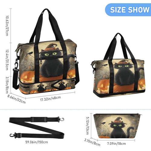 Halloween Cat Pumpkins Beige Travel Duffel Bag for Women Men Gym Bag with Shoe Compartment Wet Pocket Carry On Weekender Overnight Bags for Travel Weekend Getaway3
