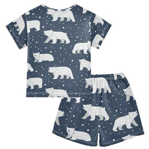 ALAZA Cute Polar Bear Snow Christmas Blue Pajamas Set Short Sleeve Cotton Sleepwear Summer Pjs 2 Piece 5-14Y2
