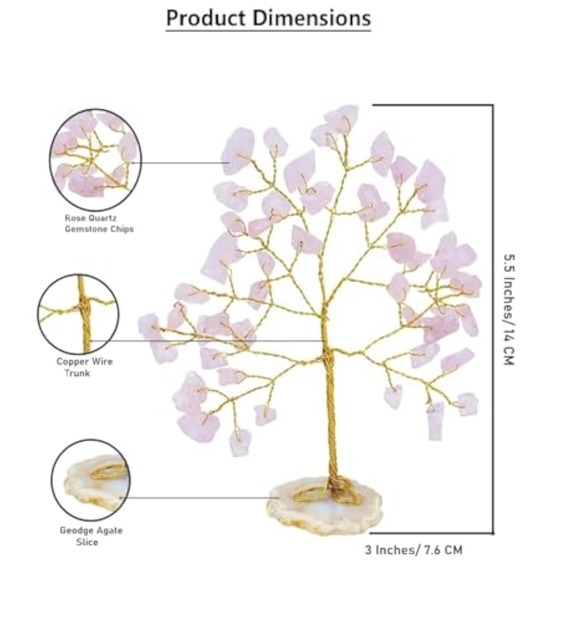 Natural Rose Quartz Healing Crystal Tree on Slice Base, Feng Shui Decoration
