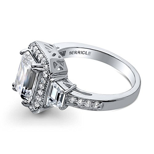 BERRICLE Sterling Silver Halo Wedding Engagement Rings Emerald Cut Cubic Zirconia CZ Statement Ring for Women, Rhodium Plated3