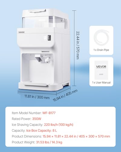 Image of VEVOR Commercial Ice Shaver Crusher, 220lbs Per Hour Electric Snow Cone Maker with 8L Ice Cube Box, 350W 1500RPM Tabletop Shaved Ice Machine for Parties Events Bar, Home and Commercial Use (White)