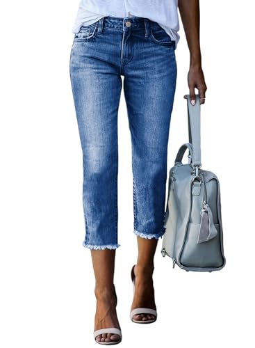 Sidefeel Women's Capri Jeans High Waisted Stretchy Straight Leg Trendy 2025 Raw Hem Capri Pants Sky Blue Size 12