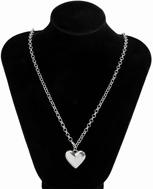 Chunky Gold Puffy Heart Necklace for Women Trendy Silver Long Lariat Statement Big Hearts Cuban Link Chain Toggle Charm Pendant Choker Y Necklaces Jewelry - Image 5