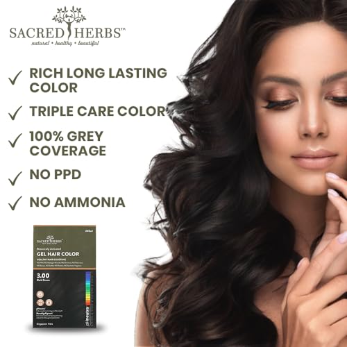 Image of SACRED HERBS Natural Gel Hair Color, Premium Pack | India's 1st pH Neutral Formula | Ammonia, PPD & Paraben Free | 20+ Herbal Actives, 100% Grey Coverage | Conditioning & Damage Free, For Women | DARK BROWN 3.00 | Pack of 2 ( 240ml + 20gm, EACH )