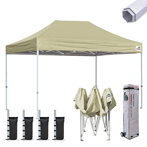 Eurmax USA Premium 10'x15' Pop-up Canopy Tent Commercial Instant Canopies Shelter with Heavy Duty Wheeled Carry Bag Bonus 4 Sand Bags (Beige)