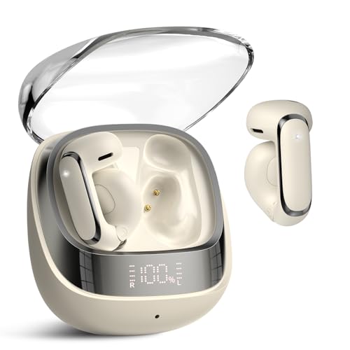 Image of Clip On Ear buds, Open Ear Headphones, Bluetooth 5.4 HiFi Stereo Clip Earbuds, 42H, LED Display Wireless EarBuds, Comfortable Lightweight, IP7 Waterproof Earphones, Earbud for Workout Running, White