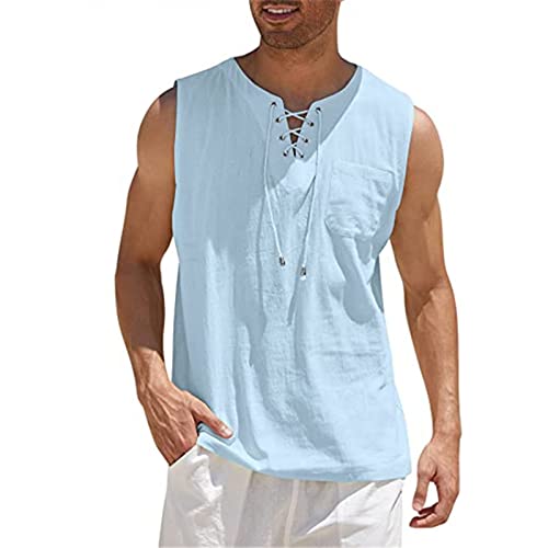 Mens Fashion Shirts Vest Cotton Linen Casual Solid Color V Neck Lace Up Sleeveless Tees Tops