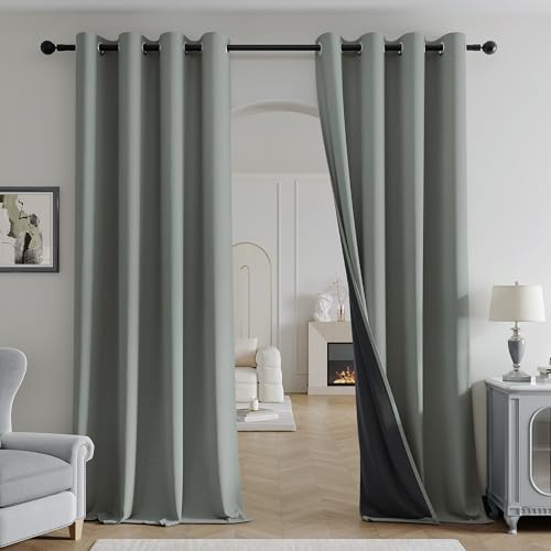 Beauoop Thermal Blackout Curtains for Living Room - Grey Herringbone Textured Eyelet Drapes, 90-Inch Drop, Noise-Reducing Window Panels, 2 Pack