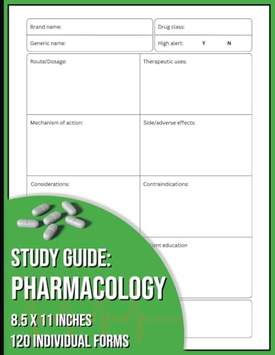 Pharmacology study guide notebook: 120 blank medication templates for nursing