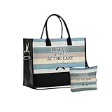 InnoBeta Lake House Gifts Canvas Tote Bag, Life Is Great at The Lake, Lake Life Gifts Bag with Top Zipper Closure and Shoulder Strap for Birthday, Mother's Day