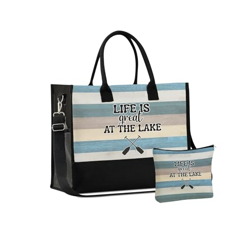 InnoBeta Lake House Gifts Canvas Tote Bag, Life Is Great at The Lake, Lake Life Gifts Bag with Top Zipper Closure and Shoulder Strap for Birthday, Mother's Day