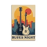 OKNGB Poster mit E-Gitarre, Vintage-Stil, Motiv: Blues Night, dekoratives Gemälde, Leinwand, Wandposter und Kunstdruck, moderne Familienschlafzimmer-Dekoration, Poster, 60 x 90 cm
