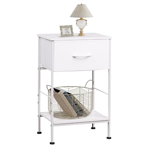 WLIVE White Nightstand, Night Stand with Fabric Storage Drawer and Open Wood Shelf, Small End Side Table, Bedside Table for Bedroom, Dorm, Easy Assembly, 25.03